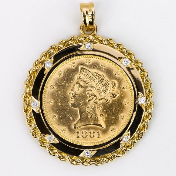22k Yellow Gold 1881 Ten Dollar US Eagle Coin Diamond w/ 14K Rope Bezel Pendant - Picture 1 of 4